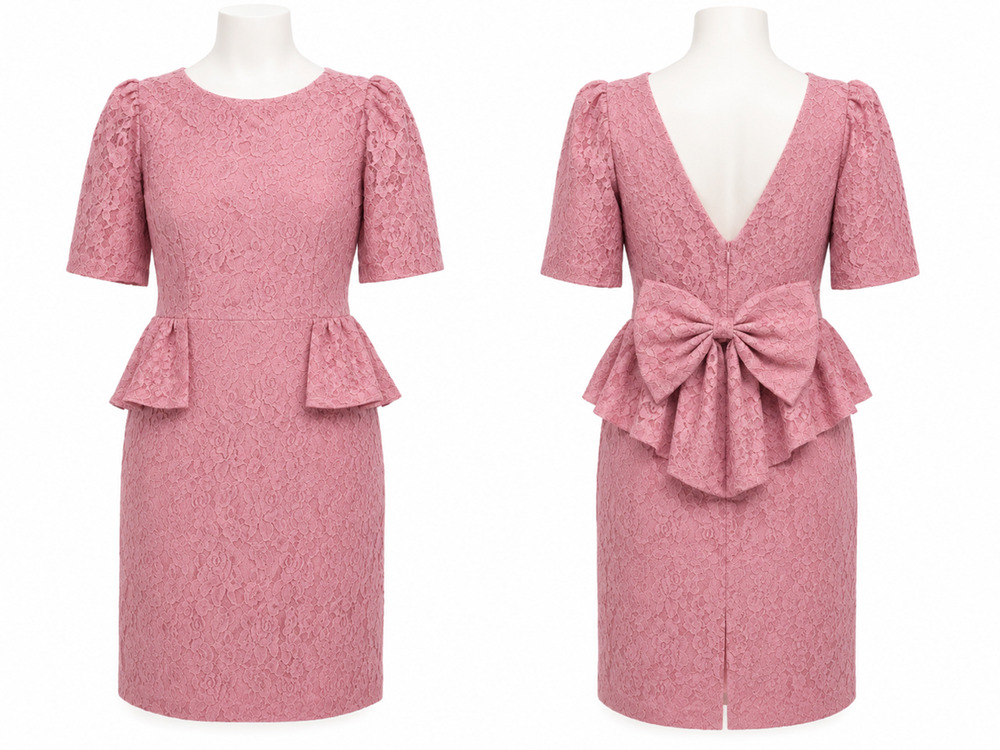 Vintage 80s Pretty In Pink Lace Peplum Bow Party Prom Dress NWT 15 16